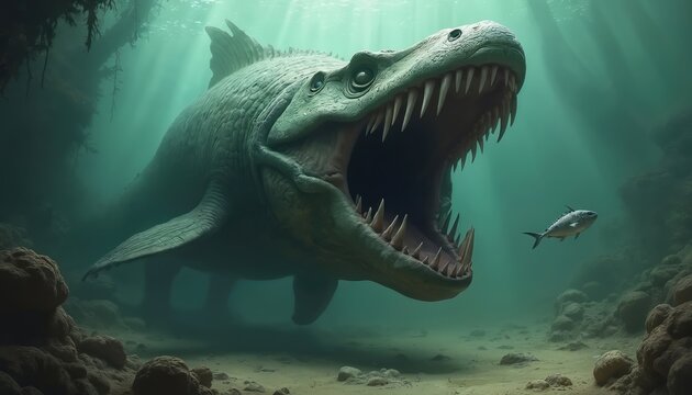 Dunkleosteus lurking in murky water. Ancient armored fish opens huge jaw ready to snap at smaller fish. Underwater landscape features rocky outcrops, sunlight rays pierce surface. Sea monster hunter