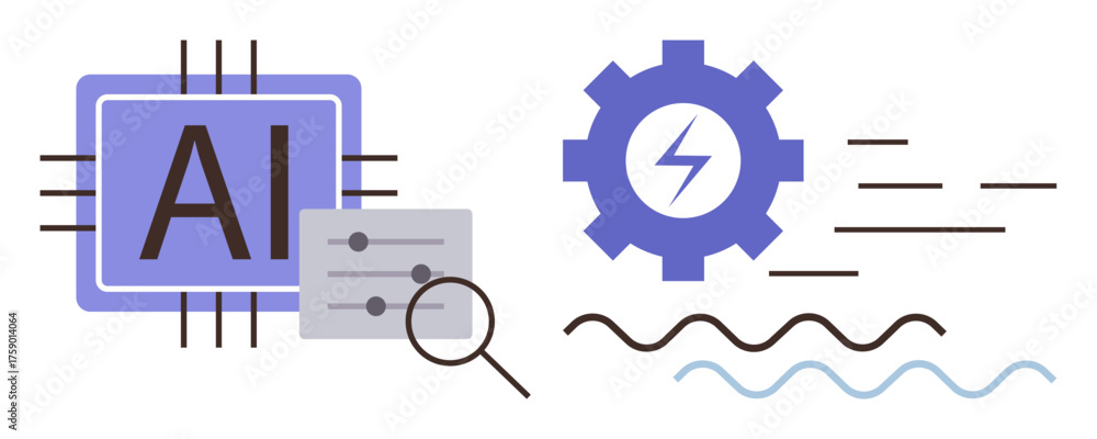 Wall mural ai chip, gear with lightning bolt, magnifier, and data sliders. ideal for technology, innovation, ma
