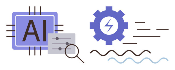 AI chip, gear with lightning bolt, magnifier, and data sliders. Ideal for technology, innovation, machine learning, automation intelligence data analysis engineering concepts. Simple flat metaphor