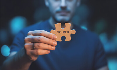 Man Displays Solved Puzzle Piece, Symbolizing Problem Resolution and Completion with Solution Oriented Mindset