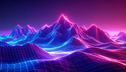 Abstract neon landscape depicting a digital mountain range with vibrant colors.