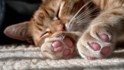 あくびと伸びの瞬間を前足の肉球と爪先に寄せて描く茶トラ猫、人物なし