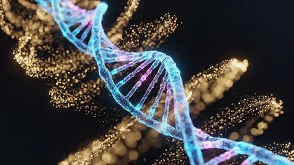 Stunning dynamic DNA strand animation with vibrant particles, ideal for medical research presentations or science education videos - Powered by Adobe