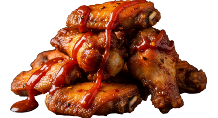 Succulent chicken wings drizzled with vibrant red sauce on transparent background