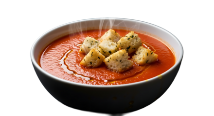 Steaming tomato soup with croutons in a white bowl on transparent background