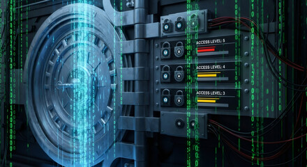 Vault door with digital matrix code overlay and padlock security system for data protection and cyber security concept.