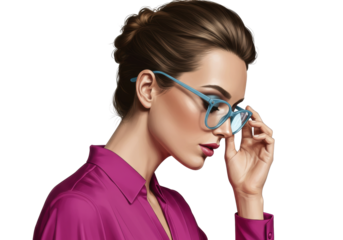 Stylish woman with glasses PNG isolated on transparent background, portrait of a girl in a pink shirt, fashion and beauty concept