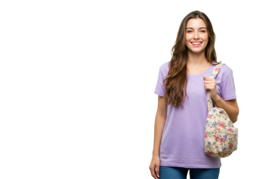 Smiling young woman with floral backpack isolated PNG, cheerful student with shoulder bag on transparent background - Powered by Adobe