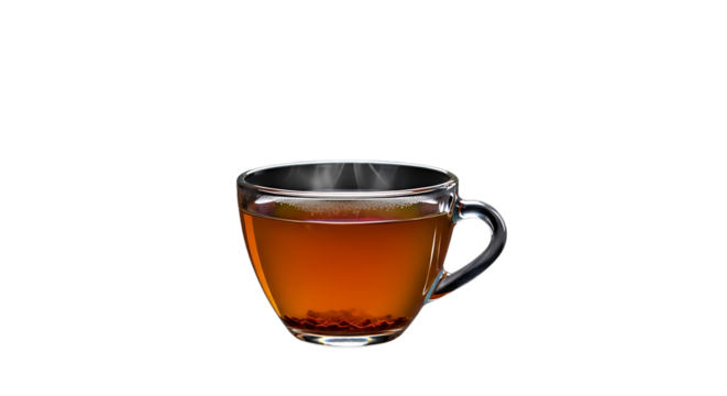 Steaming cup of amber tea with clear glass mug on transparent background