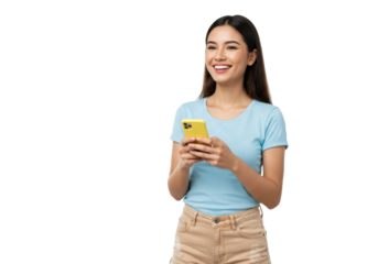 Smiling Asian woman using smartphone isolated PNG on transparent background, happy girl in casual clothes holding mobile phone for communication
