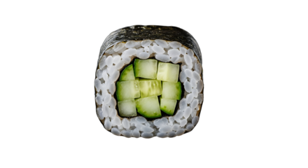 Macro shot of a maki sushi roll with cucumber on transparent background