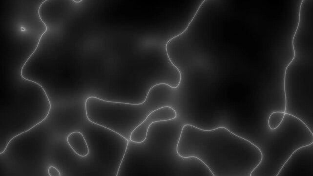 Moving glowing line / fringe pattern based on simplex (Perlin) noise (3 octaves), seamless infinite loop. Mathematical remapping of gradient noise, black and white, scientific background video