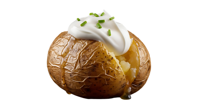 Delicious baked potato overflowing with creamy topping and chives on transparent background