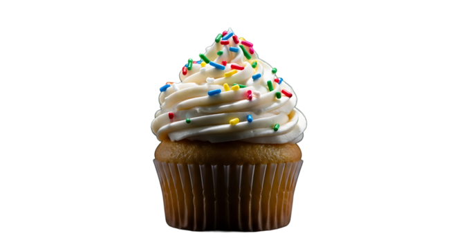 Delicious single cupcake with colorful sprinkles isolated on transparent background