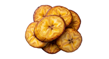 Sweet, golden plantain slices arranged beautifully on dark background, ready for use on transparent background