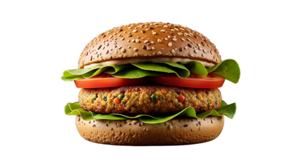 Delicious veggie burger with fresh toppings layers view on transparent background