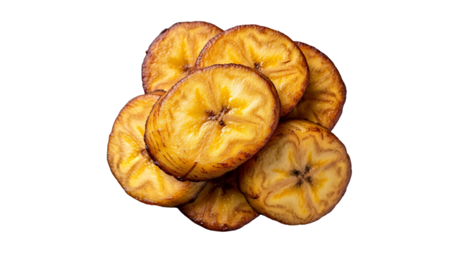 Sweet, golden plantain slices arranged beautifully on dark background, ready for use on transparent background