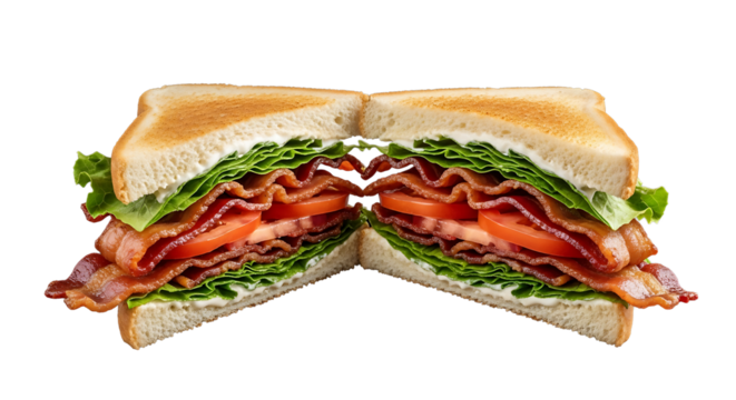 Delectable bacon, lettuce, and tomato sandwich cut in half on transparent background