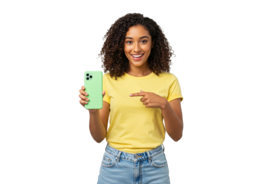 Smiling woman pointing at green smartphone isolated PNG, happy girl with curly hair showing mobile phone on transparent background