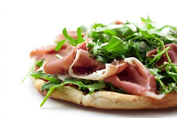 Delicious arugula and prosciutto pizza with fresh toppings on a light crust