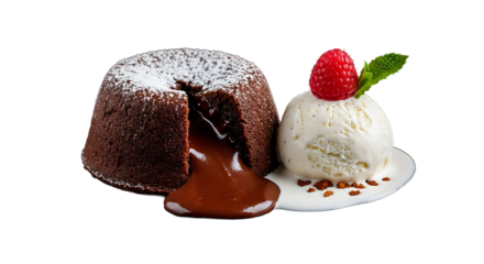 Decadent chocolate lava cake with vanilla ice cream on transparent background