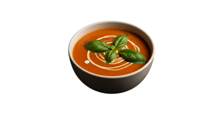 Delicious vibrant tomato soup with basil garnish on transparent background