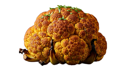 Golden roasted cauliflower, elegantly garnished with fresh herbs, presented on transparent background