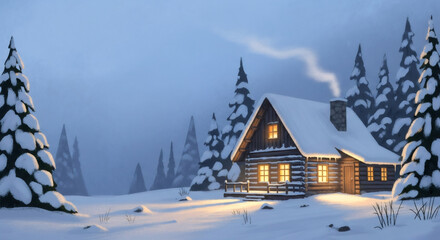 Fototapeta premium Wooden cabin with warm light in snowy landscape. Cozy winter scene with pine tree, full of serenity. Christmas holiday card background.