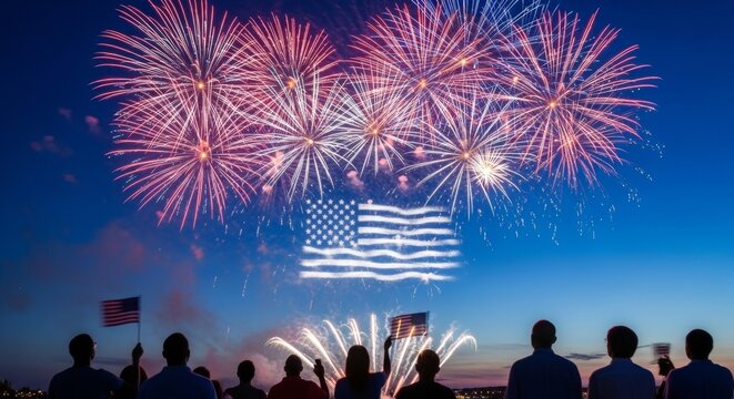 Patriotic fireworks display with american flag and diverse spectators at sunset - Powered by Adobe