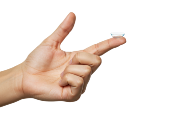 Contact lens on fingertip PNG isolated on transparent background, vision correction and eye care product for ophthalmology and optometry