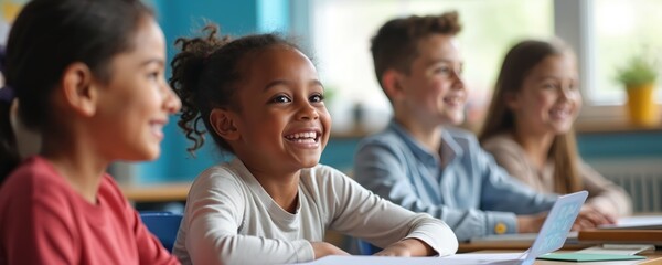 Four children sit at desk in classroom. Young students look up smiling. Kids are diverse, wear casual clothes. Teacher is in background. They appear to be in elementary school, engaged in lesson.