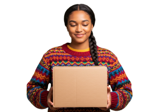 Smiling young woman holding a cardboard box isolated PNG, wearing colorful sweater and looking down, delivery and shipping concept