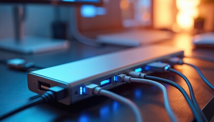 USB hub connected to various devices with multiple cables, ports on desk. Modern tech setup with sleek design, functionality, multiple connections. Devices plugged into hub with different cables,