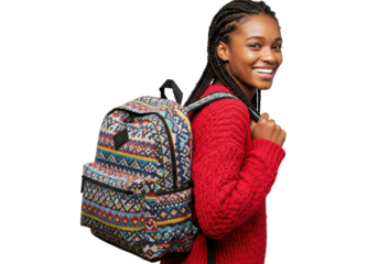Smiling young woman with backpack PNG isolated on transparent background, student in red sweater ready for school or travel