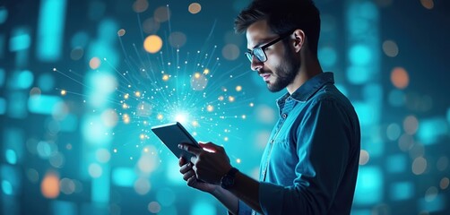 A man in glasses analyzes data on a tablet. Digital hologram graphic of information and binary code glows. Tech and innovation concept of future. Modern workplace