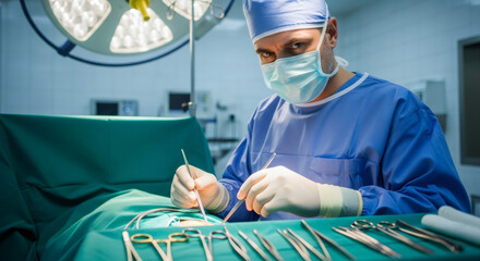 Male surgeon with medical mask performing surgery using sterile tools. Modern operating room environment for healthcare and medical procedure.