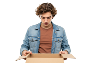 Young man looking into an open cardboard box isolated on transparent background, delivery and shipping concept in PNG format
