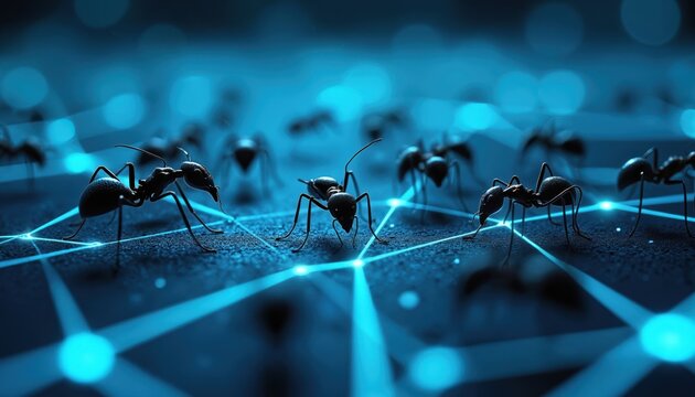 Ants depicted in a network. Concepts of tech future are visualized. Colony teamwork and communication is central. Artificial intelligence is conceptualized in digital web.