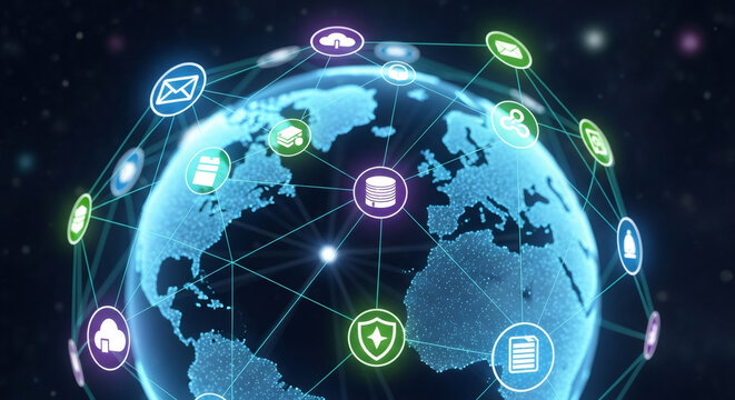 Digital globe with interconnected icons representing global network. Concept of communication, data, and internet technology for business and world connection. - Powered by Adobe