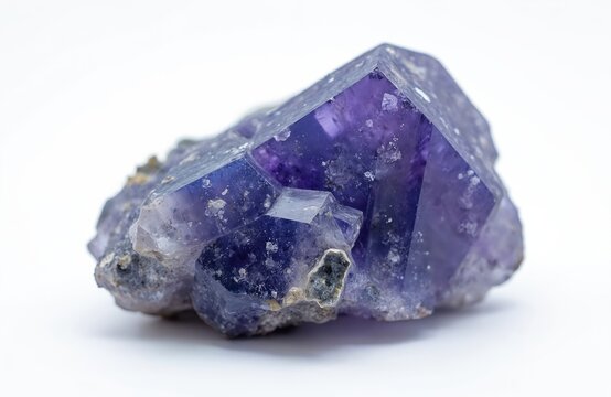 Unpolished cordierite iolite gemstone cutout on white background. Raw blue violet stone with rough surface, crystalline structure. Mineral specimen for geologic collection. Isolated macro shot of