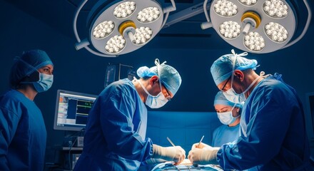 Caucasian male and female surgeons performing surgery under bright operating room lights