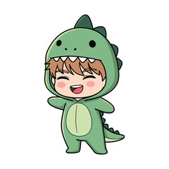 Cute cartoon boy in a green dinosaur onesie with light green belly, smiling brightly with arms open wide, standing on a clean white background.
