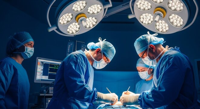 Caucasian male and female surgeons performing surgery under bright operating room lights