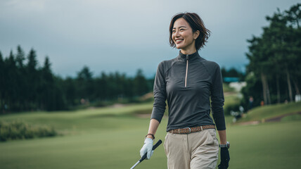 女性が青空のフェアウェイを進む熟練ゴルファーの背中、静かな自信