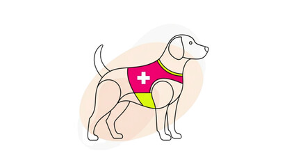 Therapy dog with vest,  Minimalist illustration of a dog in a bright harness with a white cross on a light background