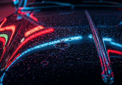 Macro photography of rain and water droplets on a deep black, glossy car finish, highlighting the surface tension. - Powered by Adobe