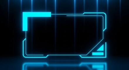 Futuristic neon blue rectangular interface with glowing lines in dark background