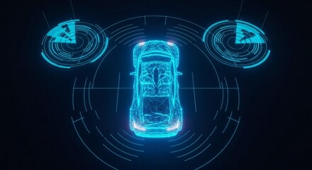 Futuristic blue wireframe car with digital interface and circular patterns