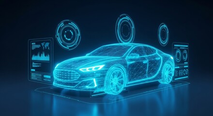 Futuristic holographic car design with digital interface in neon blue