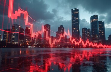 Red graph indicates market decline. Downtown on skyline backdrop. Downturn shows financial loss, economic problems. Bad business trend. Urban background with falling indicator. Concept for recession,